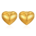 Polished 18K gold plated stainless steel hollow heart earrings with vertical stripes - Gold Vertical Striped Heart Earrings (MS-382)