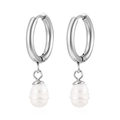 Elegant silver stainless steel hoop earrings featuring white freshwater pearl pendants - Pearl Pendant Earrings Steel Color / Silver