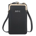 Vertical black litchi texture crossbody phone bag with gold clasp and brand logo - Black