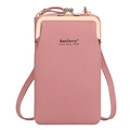 Elegant dusty pink litchi grain phone crossbody bag with vintage metal kiss-lock - Dark Pink