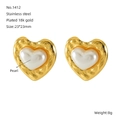 18k gold plated stainless steel heart earrings with pearl inlay and textured finish - Heart Shape Style (ZE1412G) / 23*23MM