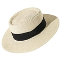 Dettaglio della trama a spirale e nastro nero sul cappello di paglia a tesa piatta estate - M (56-58cm) / Cappello Beige + Nastro Nero