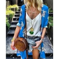Women's bohemian blue floral chiffon cardigan paired with casual summer shorts - S / Tops / Blue