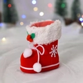 Red flocked Christmas boot gift bag with white fur trim and snowflake patterns - Small