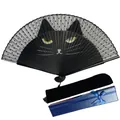 Japanese style black cat folding fan set with velvet pouch and blue gift box packaging - Standard Fan + Sleeve + Gift Box