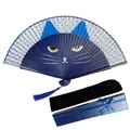 Japanese style dark blue cat face folding fan gift set with tassel and storage box - Blue Cat + Sleeve + Box (Premium)