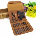 Detail of 18-piece black matte manicure set organized in a brown leather folding case - 16-Piece Set (Brown)