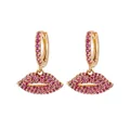 Elegant gold earrings with red pavé crystal lips hanging from polished hoops - Gold Red Zircon - Pave Hoop