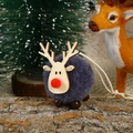 Christmas reindeer pendant with grey faux fur ball and wooden carvings for tree decor - F4-2 Blue Little Lamb