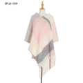 Plaid knitted poncho for women in soft pink and beige with long fringe tassels - Pink (QPJ6-05#)