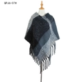 Women's plaid oversized shawl cape with fringe in grey and black check pattern - Black Gray (QPJ6-07#)