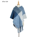 Women's blue and white plaid knitted poncho shawl with tassel fringe, model QPJ6-06 - Navy Blue (QPJ6-06#)