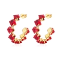 C-shaped gold earrings with red square-cut zircon stones on a white background - Red Zirconia (MS-498)