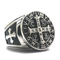Anello medaglia San Benedetto da uomo in acciaio inossidabile con smalto nero e croce - US 7 / Argento