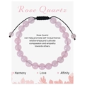 Detail of rose quartz beaded bracelet with adjustable black cord on a gift message card - Rose Quartz Bracelet