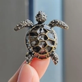 Exquisite turtle brooch in black and gold alloy with sparkling white rhinestones - Black