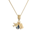 Gold travel necklace with airplane, blue globe, and passport charms on white background - Passport Style Box chain