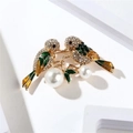 Exquisite golden double bird brooch with green enamel, sparkling crystals and pearls - Two Birds on a Branch (BC23Y0103)