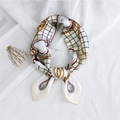 Elegant white square silk scarf featuring navy blue grid and golden chain patterns - Beige Gold Chain Grid