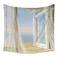 Tapiz bohemio con vista al mar desde balcón, cortinas blancas y horizonte oceánico - 73X95CM (Cepillado Transfronterizo) / GT111080-Balcón Cortina Mar
