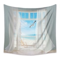 Tapiz bohemio con ventana de vista al mar mediterráneo y cortinas blancas - 73X95CM (Cepillado Transfronterizo) / YN01-Vista al Mar Ventana Gaviota