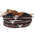 Bohemian braided choker with silver bull skulls and brown leather straps in retro ethnic style - 6-Silver Bull Head Studded Black