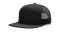 Klassieke zwarte 7-panel mesh trucker pet met platte klep en stevige voorkant stof - Zwart