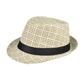 Dettaglio della trama intrecciata traspirante e del nastro in canneté nero sul cappello fedora - Griglia Sottile Bianca e Marrone (Fedora da Uomo 01)