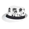 Close-up of white summer fedora hat featuring black coconut tree patterns and a ribbon band - White with Palm Tree Print