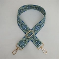 Detail of adjustable blue and green ethnic pattern bag strap with gold metal buckles - No. 10 Gallery