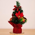Mini 20cm green Christmas tree with red poinsettia and pinecone on wood base - Red