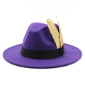 Close-up of purple fedora hat featuring black grosgrain ribbon and golden feathers - M (56-58cm) / Purple