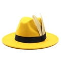 Detail of wool fedora hat featuring black ribbon and two metallic gold feather accents - M (56-58cm) / Yellow