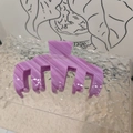 Detalle de una pinza de pelo de acetato púrpura grande con texto dorado en vidrio - A rayas / Morado