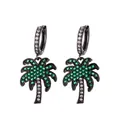 Tropical palm tree drop earrings with green and white zircons on black plating - Gun Black Rhinestone Loop With Green Leaf Tree