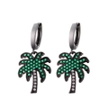 Long coconut tree tassel earrings with black metal base and green rhinestones - Gun Black Smooth Loop With Green Leaf Tree