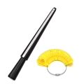 Detail of black plastic ring sizer mandrel and yellow finger gauge rings with size scales - Mandrel + Gauges Set / Yellow