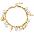 Bracciale dorato in acciaio inossidabile con perle bianche, ciondoli cuore e croce - Oro