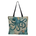 Detail of vintage marine print on waterproof linen tote featuring a blue octopus and starfish - YM011 Octopus Map