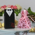 European wedding candy gift box set with black tuxedo and pink floral wedding dress designs - Bride / Pink