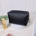 Elegant black textured faux leather makeup bag with pearl initial and gold zipper - Small / Black