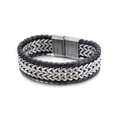 Herren-Lederarmband in Schwarz mit silberner Edelstahlkette und Magnetverschluss - Silbernes Metall-Weizenketten-Stil Mit Schwarzem Leder Und Magnetverschluss (KB130173-KFC)