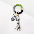 Western style cow print beaded bracelet keychain with Mama bull head charm and tassel - Army Green