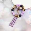 Beaded keychain bracelet with purple and leopard silicone beads and purple tassel - Purple