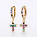 Gold hoop earrings featuring cross pendants set with vibrant multi-colored zirconia stones - Cross Style