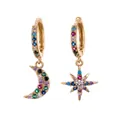 Gold asymmetrical earrings with moon and star pendants featuring colorful zircon stones - Asymmetric Star and Moon