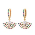 Golden fan-shaped earrings featuring multi-color stones and a central clear zircon - Fan Shape
