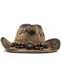 Western-Strohhut in Hellbraun mit Türkis-Perlenband für Strand und Sonnenschutz im Freien - M (56-58cm) / Braun