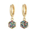 Golden hoop earrings with hexagonal pendants featuring colorful micro zircon stones - Style 17 (Hexagon)