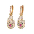 Golden Hamsa Hand dangle earrings with cubic zirconia and red heart center gem - Hamsa Hand